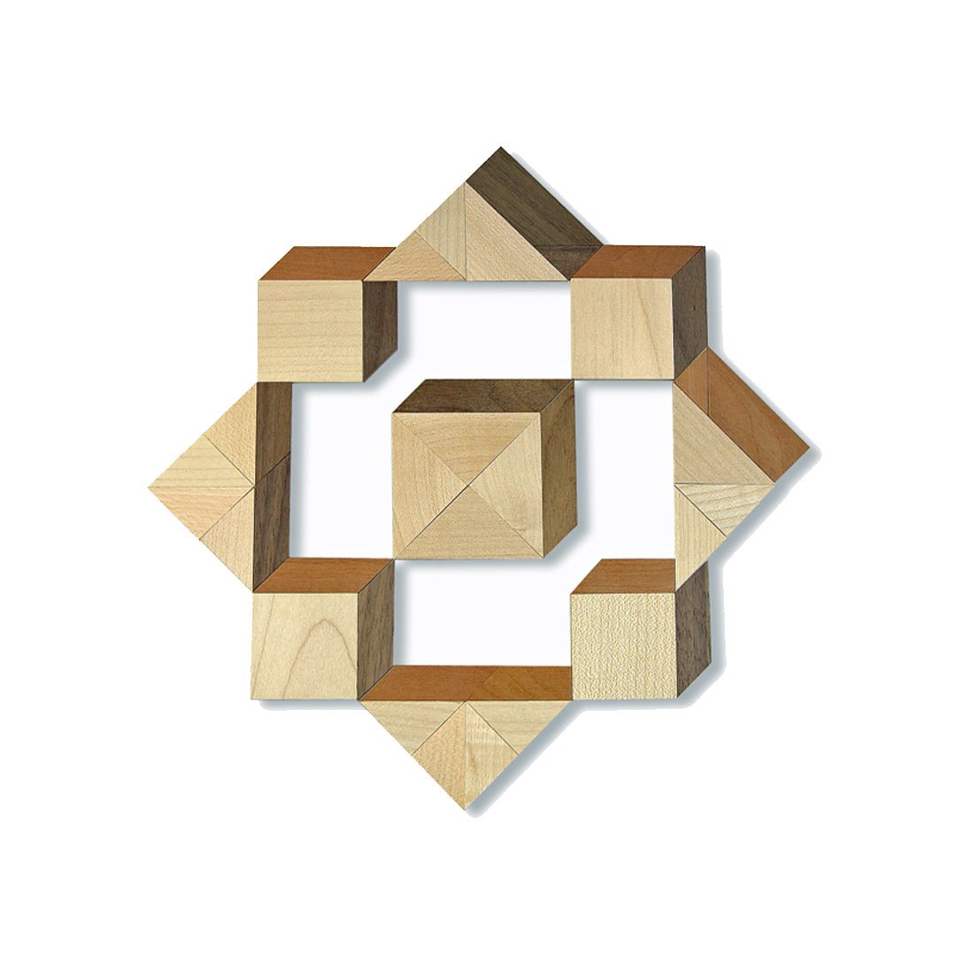 Wooden tangram puzzle with geometric shapes on a white background