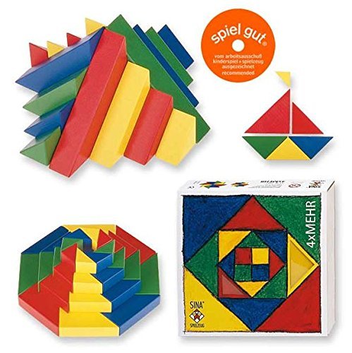 Colorful geometric building blocks with packaging and 'Spiel gut' logo on a white background
