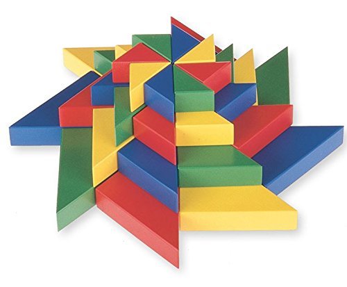 Colorful geometric building blocks on a white background