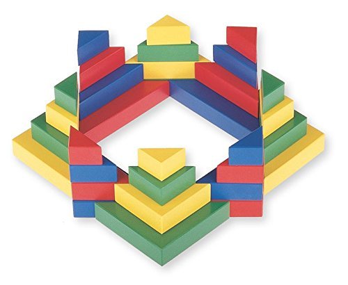 Colorful geometric wooden blocks stacked in a pattern on a white background