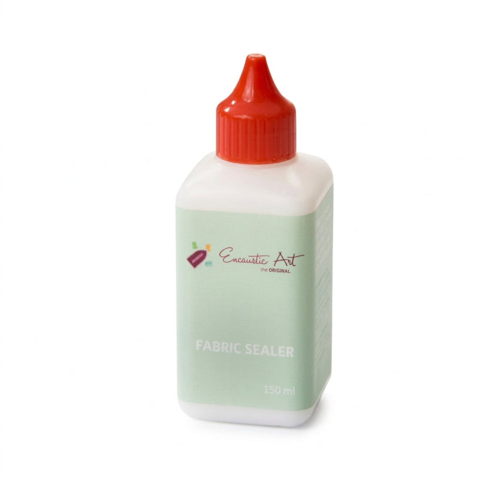 Clear plastic bottle of Encaustic Art Fabric Sealer with a light green label and a red cap on a white background