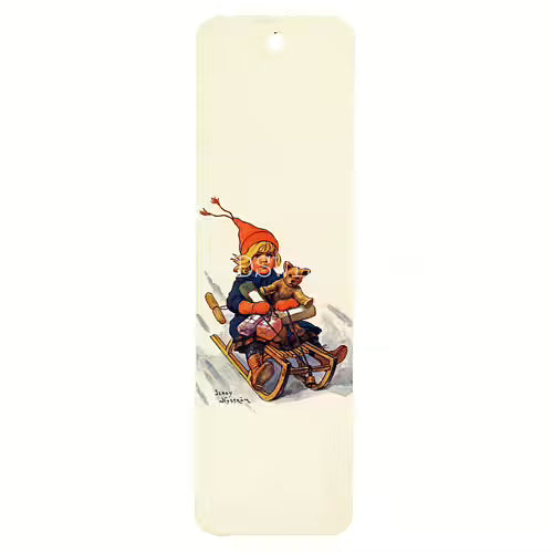 Bookmark with a vintage illustration of a child on a sled holding gifts and a teddy bear, on a white background