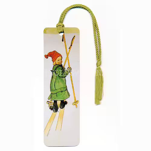 Bookmark with an vintage drawing of a girl on skis on a white background
