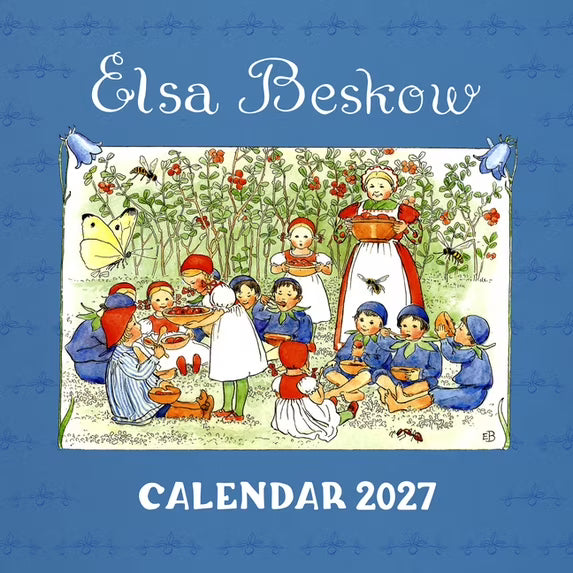 Square cover art for the Elsa Beskow Calendar 2027, featuring a blue border with the title text and a central vintage-style illustration of children in red and white clothing gathered in a garden.