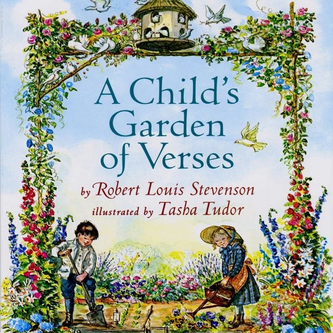 Book cover of 'A Child's Garden of Verses' with children in a garden and decorative border.