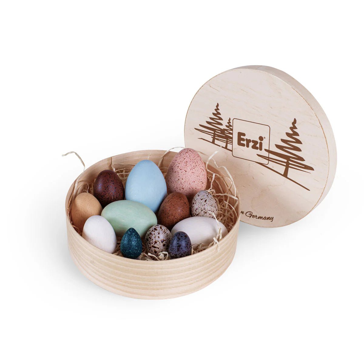 Wooden box with colorful eggs and 'Erzi' branding on a white background