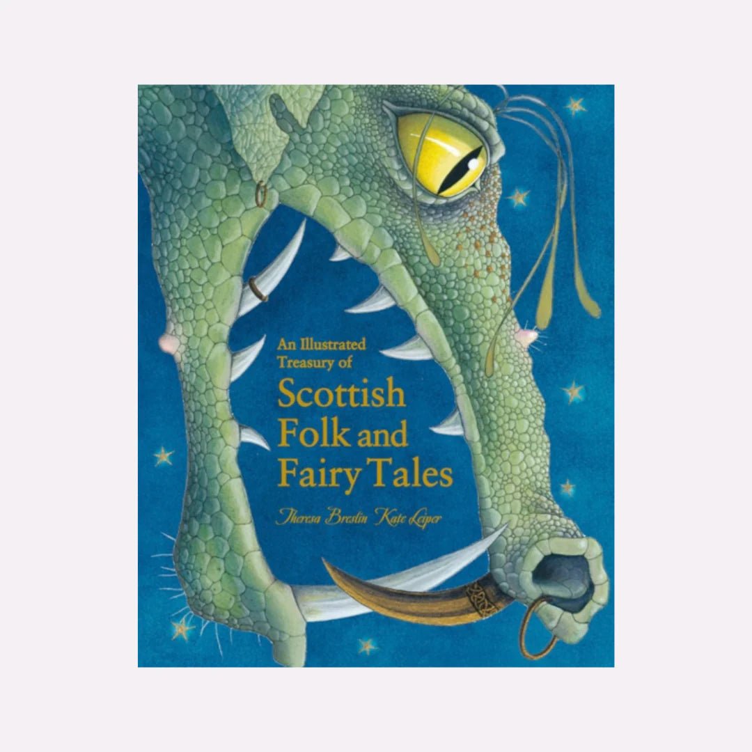 Book cover of 'An Illustrated Treasury of Scottish Folk and Fairy Tales' with a dragon illustration on a blue background.