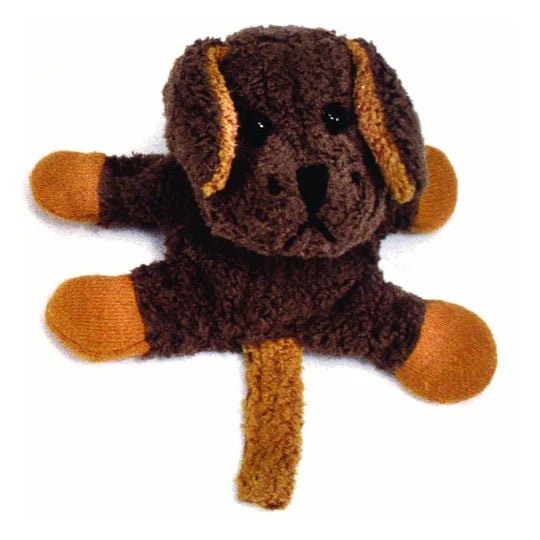 Brown plush dog magnet on a white background