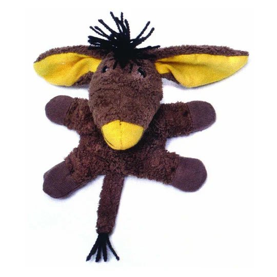 Magnetic fridge toy resembling a donkey with yellow nose and ears on a white background