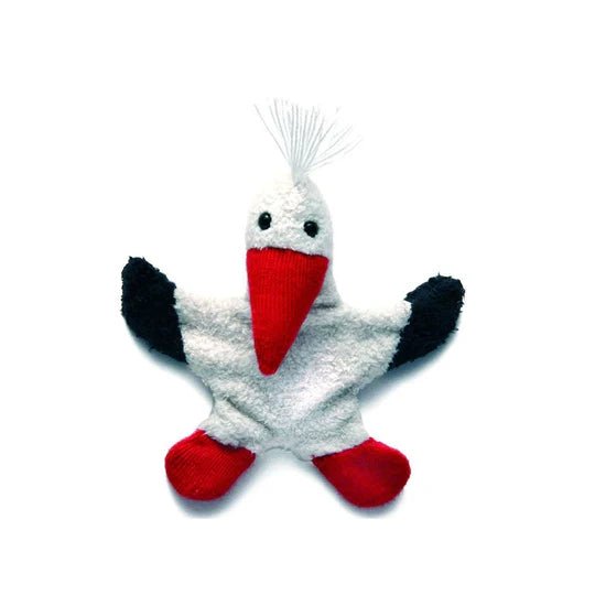 Plush fridge magent resembling a stork with a red beak and feet on a white background