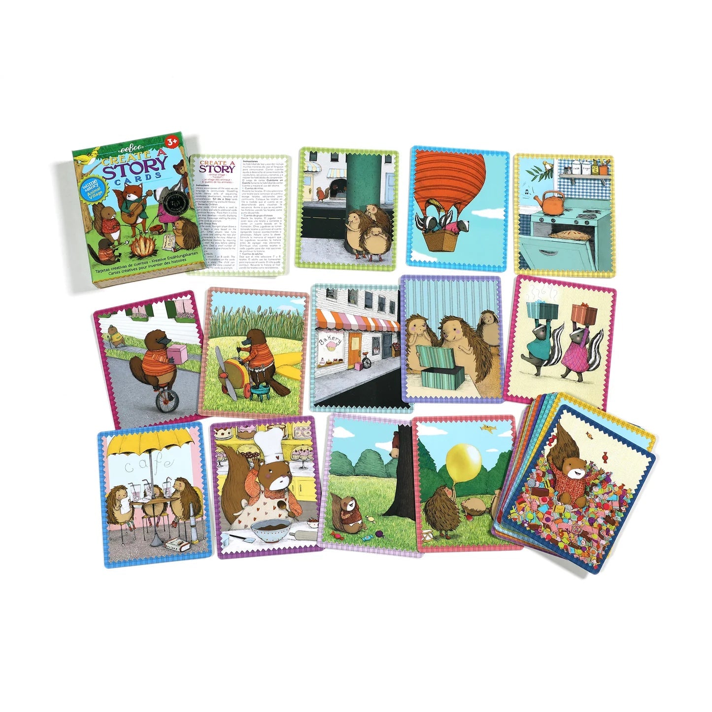 Set of children's storybook cards with colorful illustrations on a white background