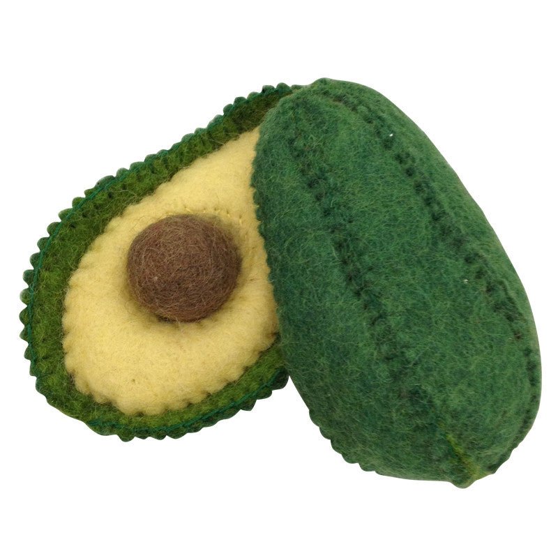 Two halves of a felted avocado on a white background