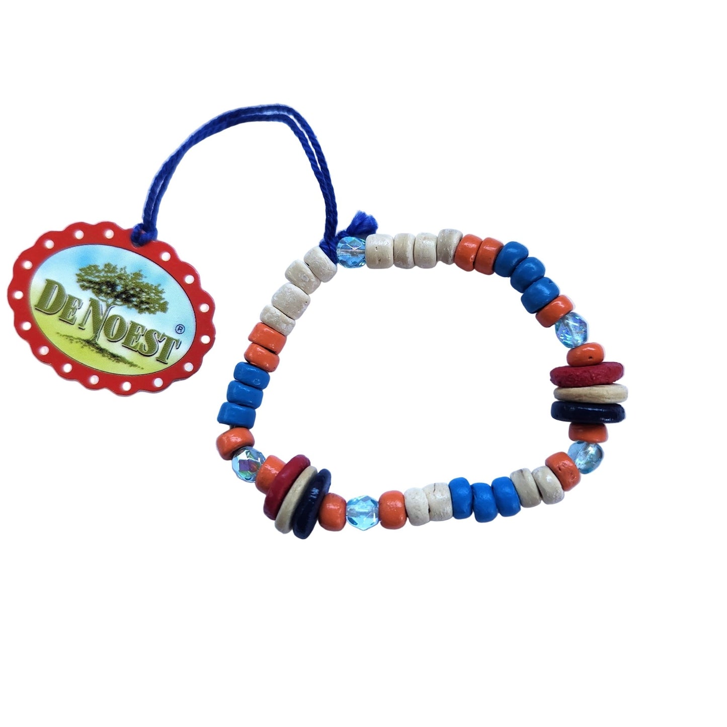 Colorful wooden beaded bracelet with red, white, blue, and orange beads