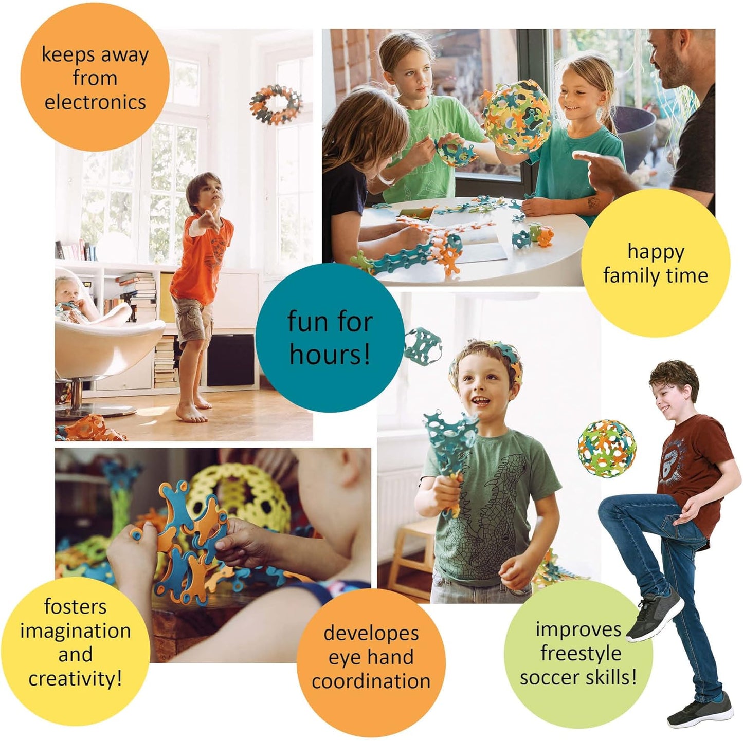 Children playing with a toy, surrounded by text highlighting benefits like 'happy family time' and 'improves freestyle soccer skills'.