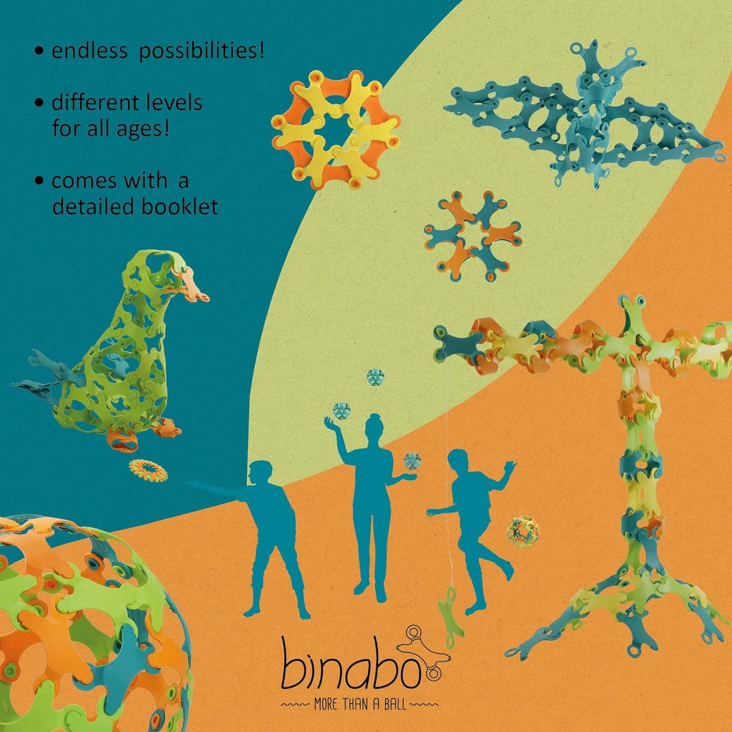 Colorful product packaging with silhouettes of people and abstract shapes, featuring the brand 'binabo'.
