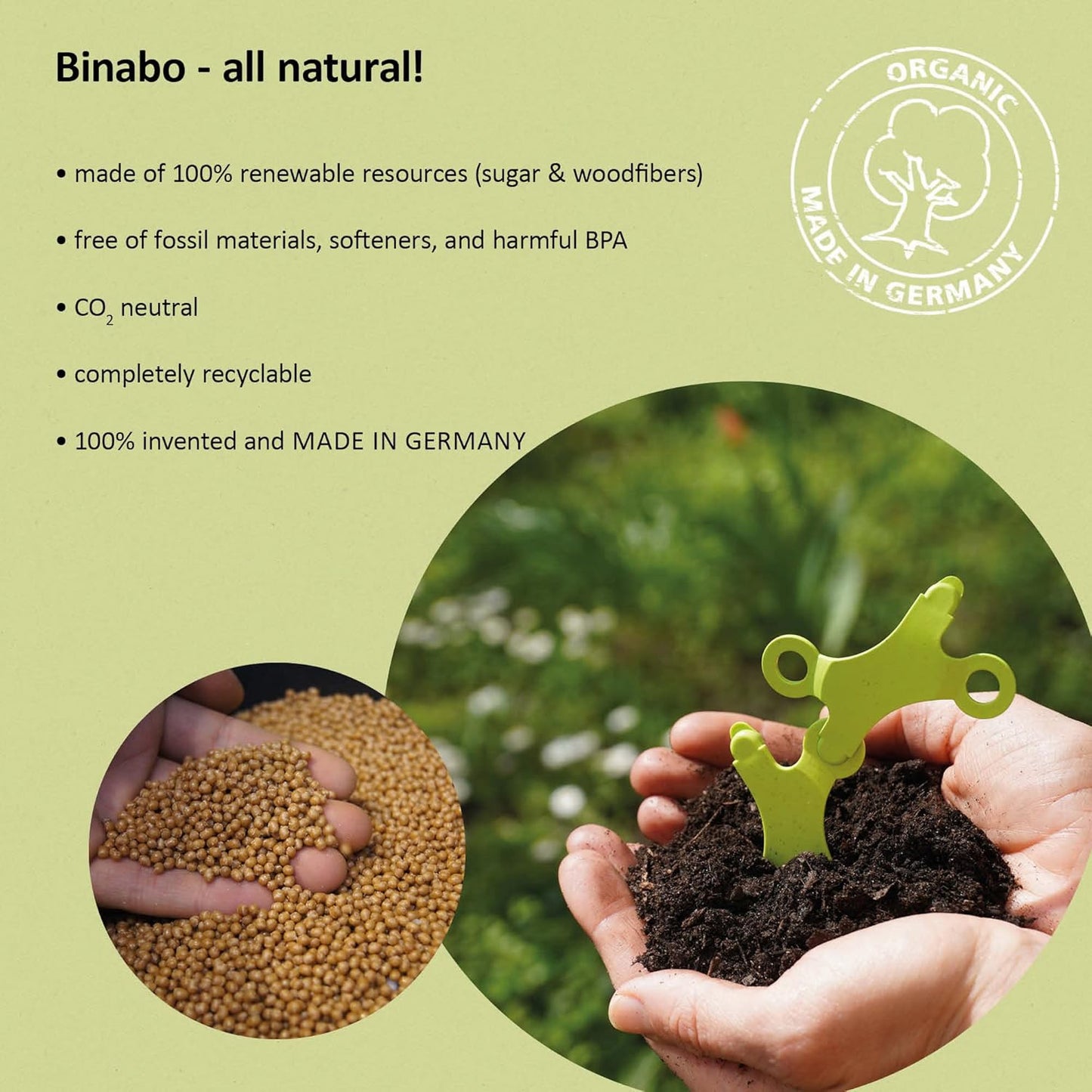 Product packaging with Binabo branding, highlighting sustainability features and a close-up of hands with soil and seeds.