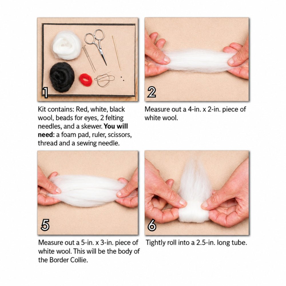 Photo instructions for creating a wool felted border collie