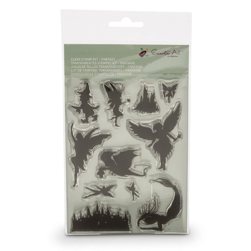 Encaustic Art branded clear stamp set with 11 fantasy themed stamps on a white background