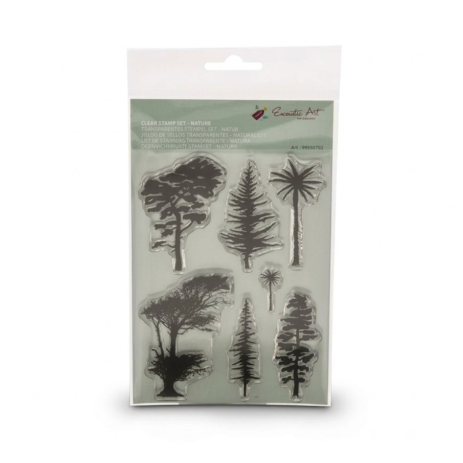 Encaustic Art branded clear art stamps in 7 tree shapes on a white background