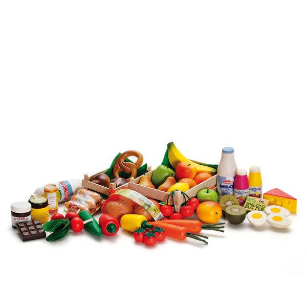 Erzi Big Box of Wooden Play Food - 43 Pieces | Pretend Play- Blue