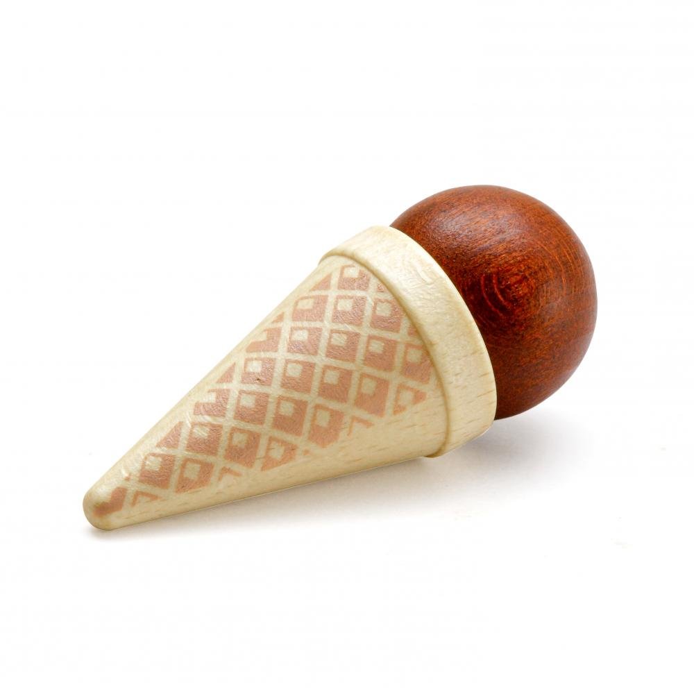 Wooden ice cream cone with scoop of brown ice cream on a white background