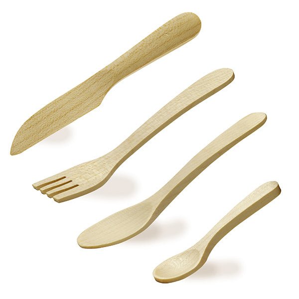 Wooden knife, fork, soup spoon, and teaspoon
