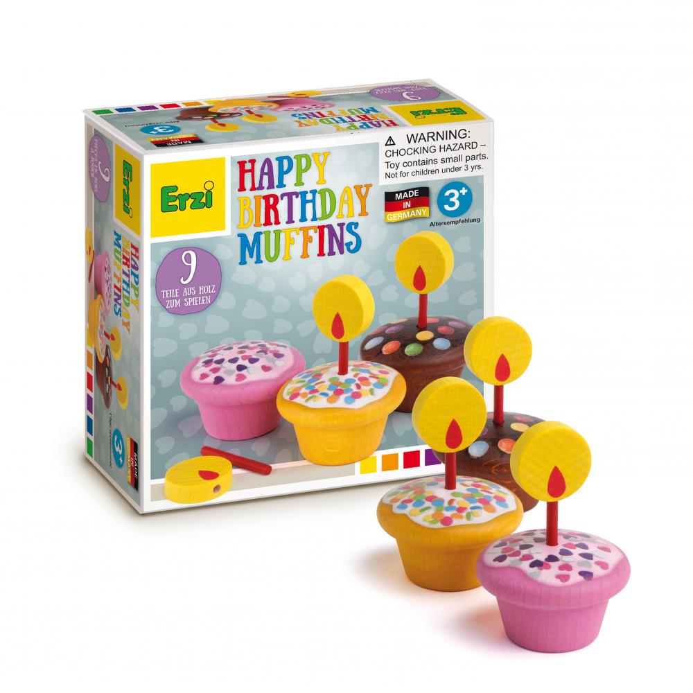 Erzi branded Happy Birthday Muffins Set next to 3 wooden muffins on a white background