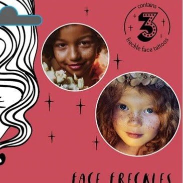 Two girls wearing face freckle temporary tattoos on a pink background