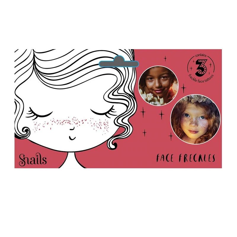 Snails face freckles product packaging with illustrations of faces and brand name.