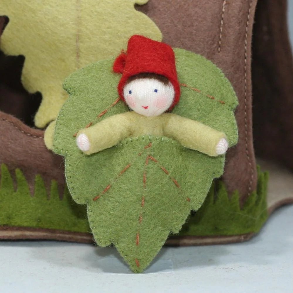 Forest Gnome Family - Baby with Leaf Sack - wood, cotton, wool, felt Dolls for open-ended play - Skin Tone: Fair Skin