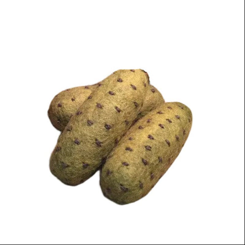 3 felted pickles on a white background