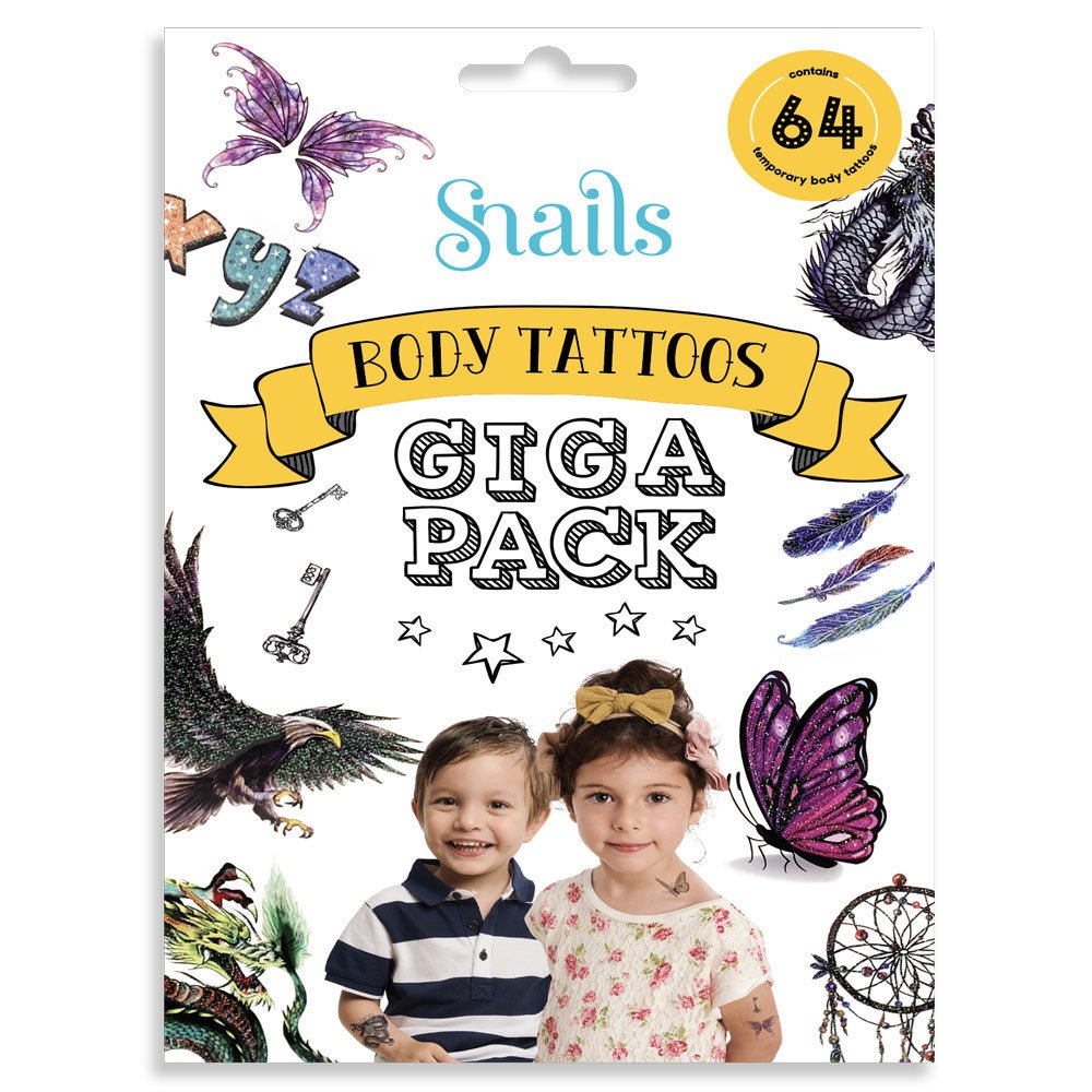 Snails body tattoos gigapack packaging with children and tattoos on a white background