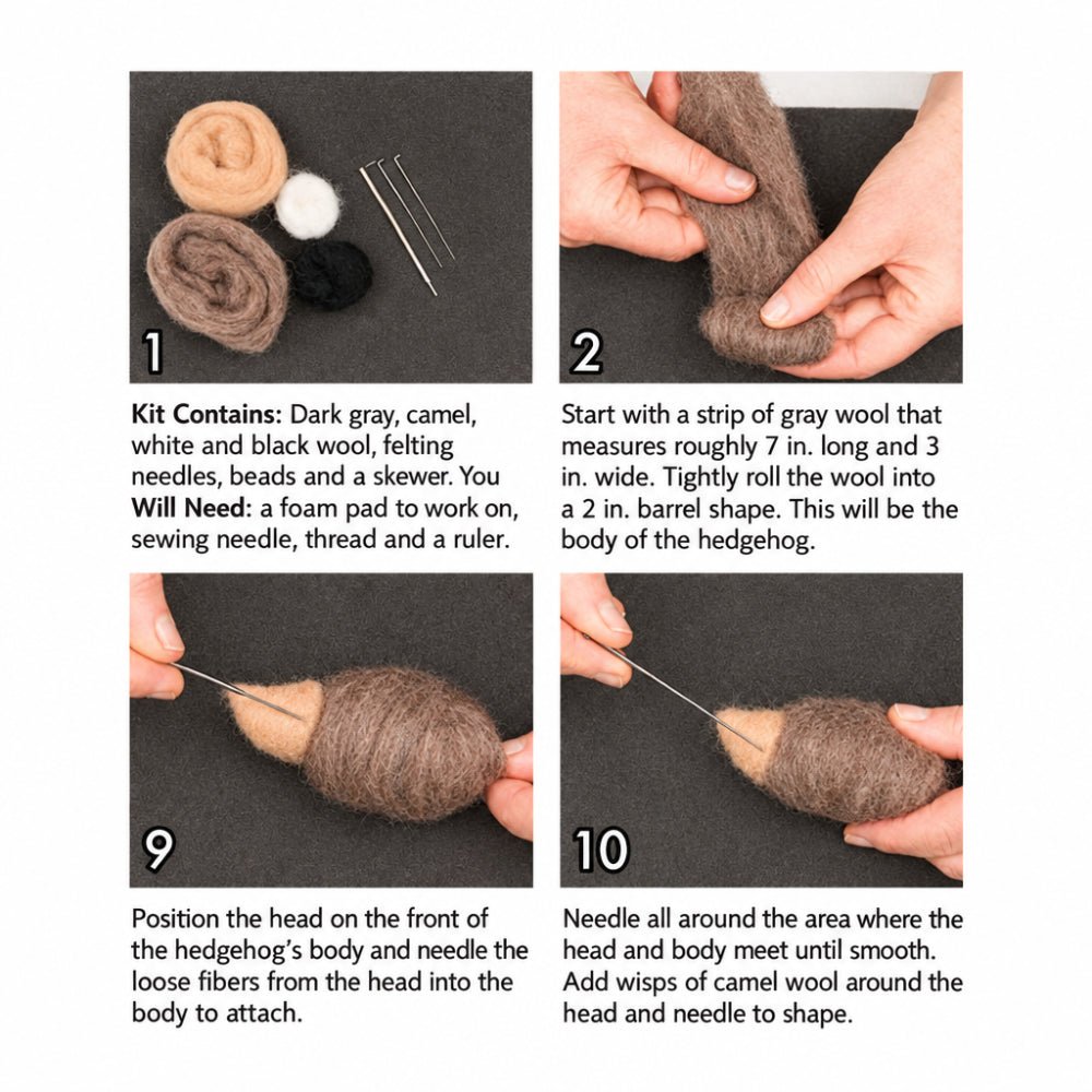 Photo instructions of how to make a felted hedgehog
