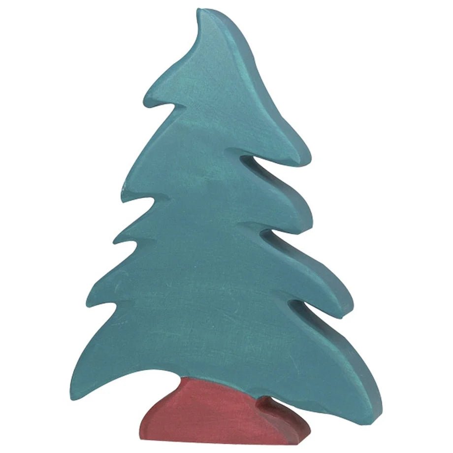 Dark green wooden conifer tree figure on a white background