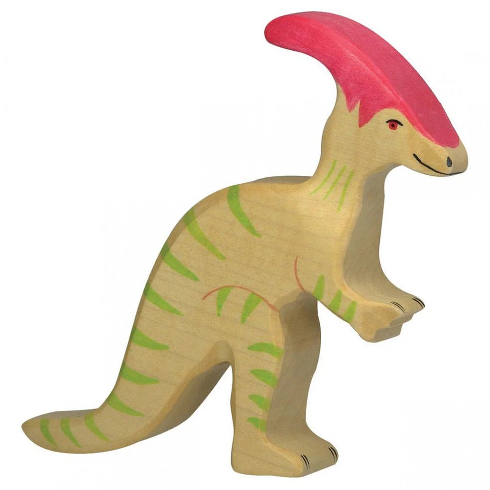 Wooden Parasaurolophus dinosaur toy with a red crest on a white background