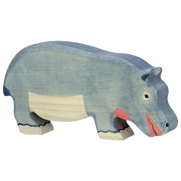 Wooden hippo toy figure on a white background