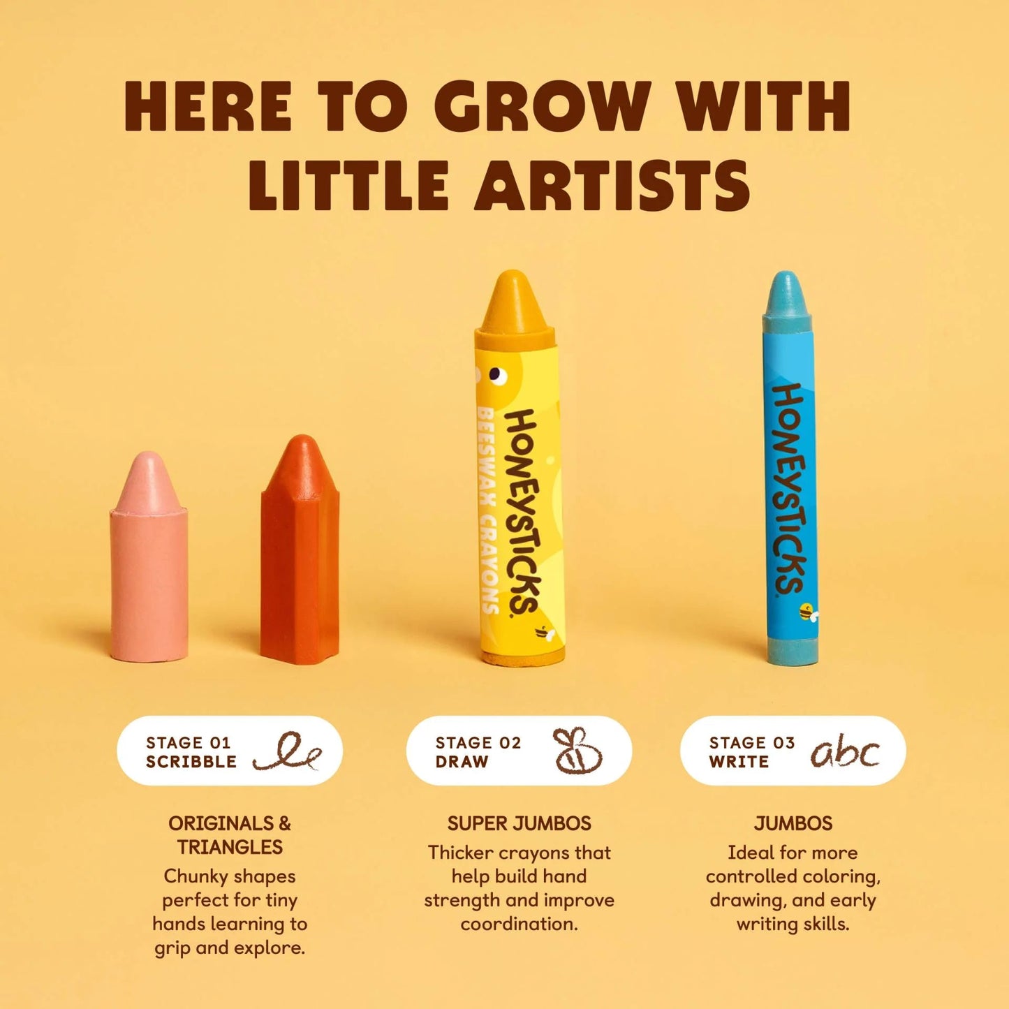 Set of crayons with stages of growth for children on a yellow background