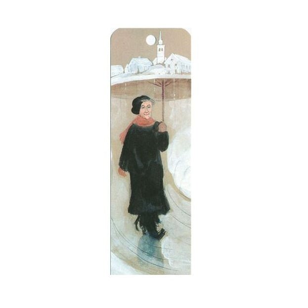 Bookmark with a design of a person in a black coat standing under an umbrella