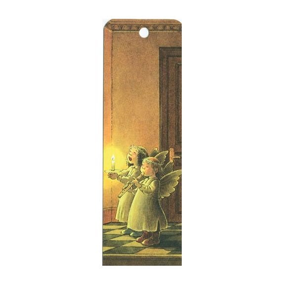 Bookmark with illustration of two angels in a room on a white background