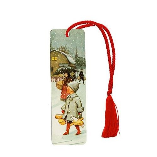 Bookmark with a winter scene illustration and red tassel on a white background