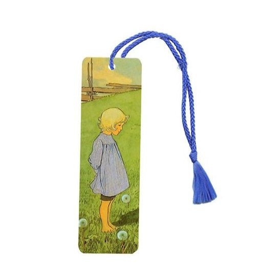 Bookmark with illustration of a child in a field and blue tassel on a white background