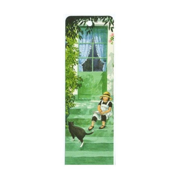 Bookmarks with illustrations of a person and a dog on a green background