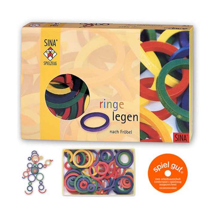 Colorful wooden ring and half ring set with packaging and additional rings displayed on a white background