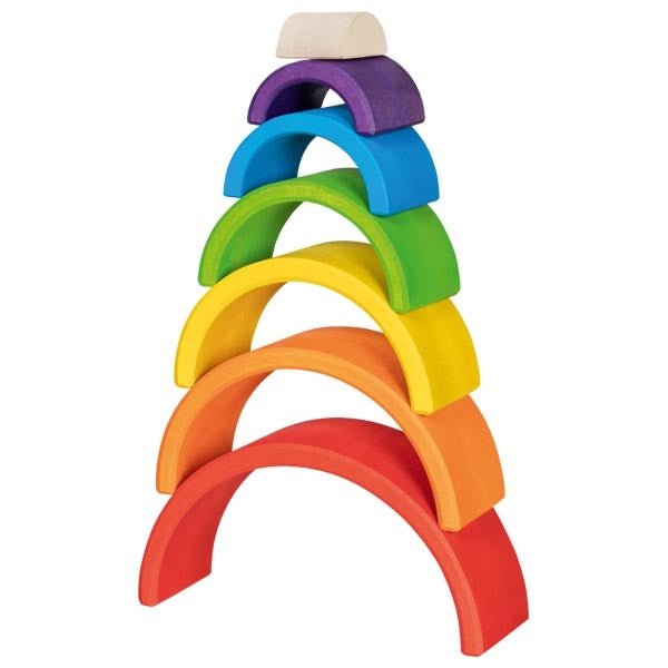 Colorful wooden arches stacked on a white background