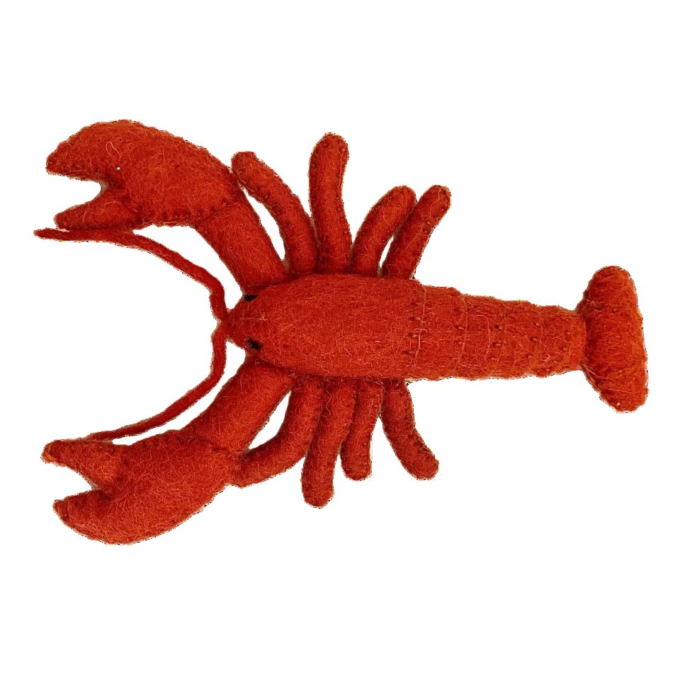 Felted red lobster on a white background