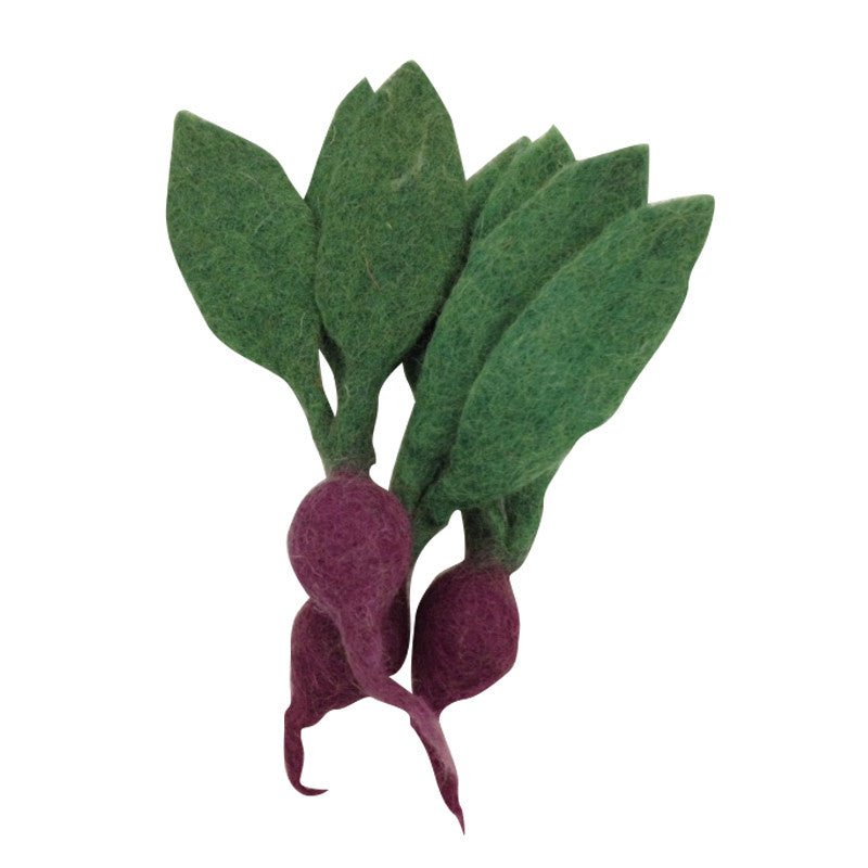 3 felted beets on a white background