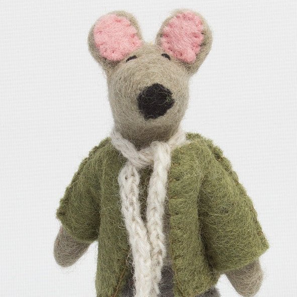 Felt mouse wearing clothes on a white background