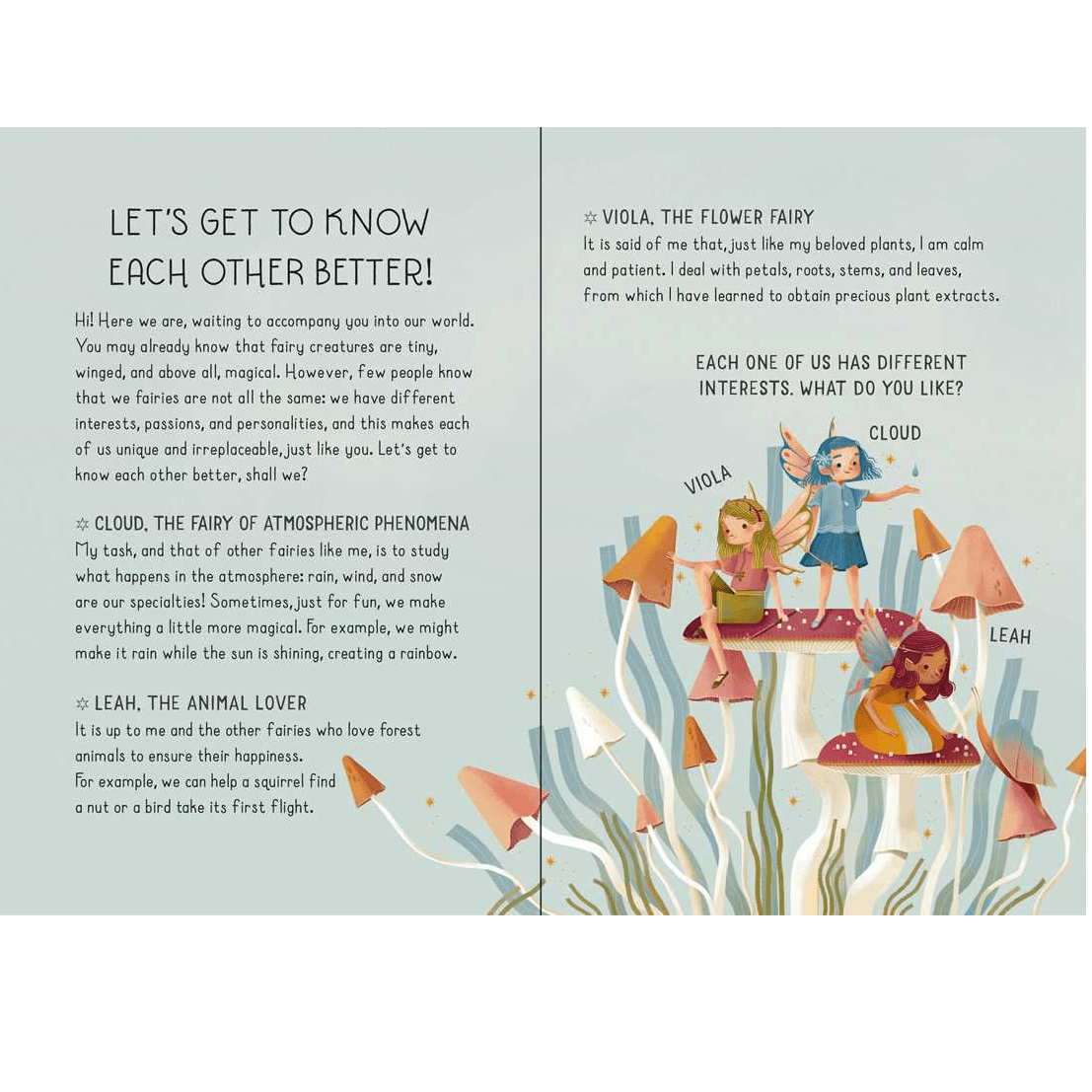 Book page with text and illustrations of fairies in a garden setting.