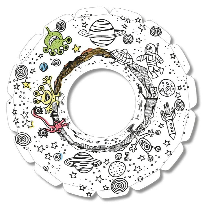 Space themed throwing disc partially colored in on a white background