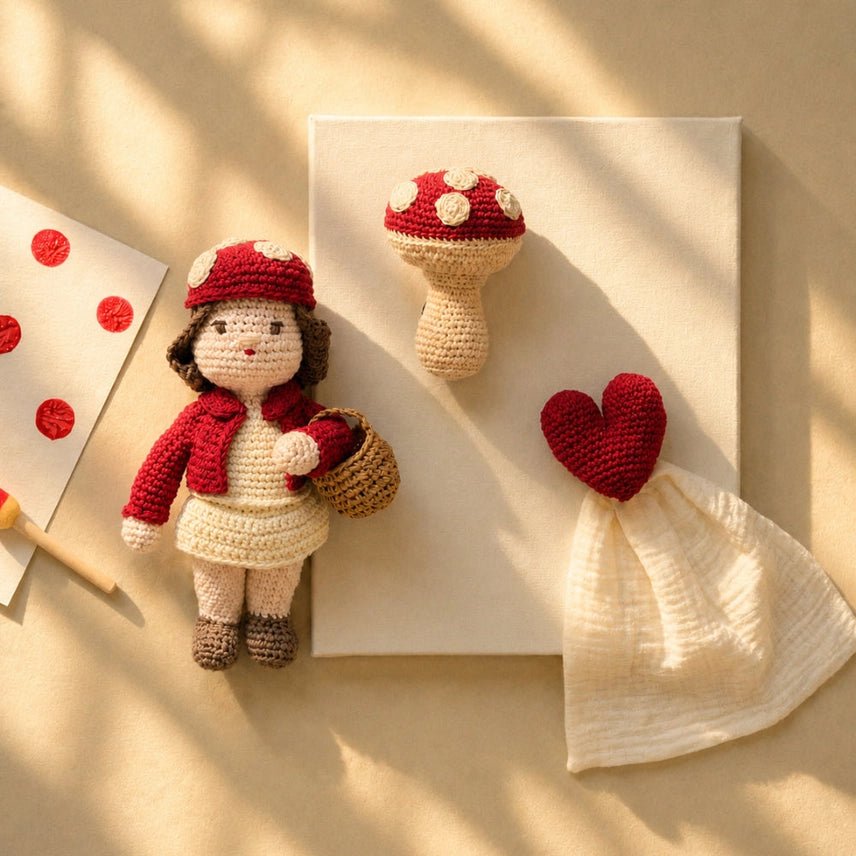 Tan surface with crocheted heart lovie, crocheted red polka dot mushroom, and doll wearing a red sweater and hat and holding a brown basket